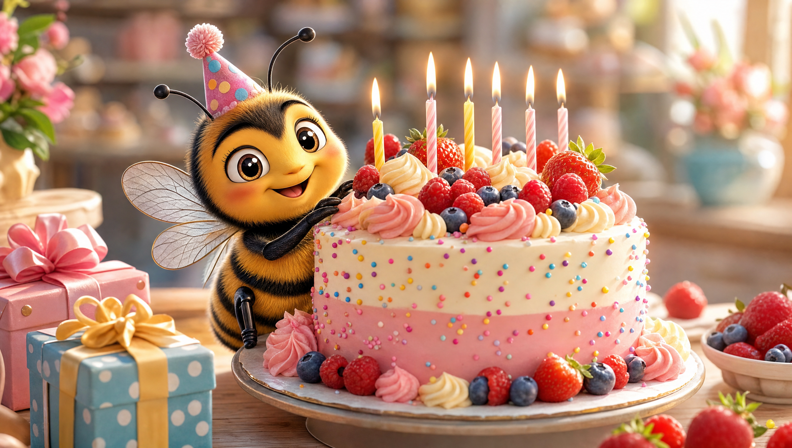 A cheerful bee character beside a decorated birthday cake