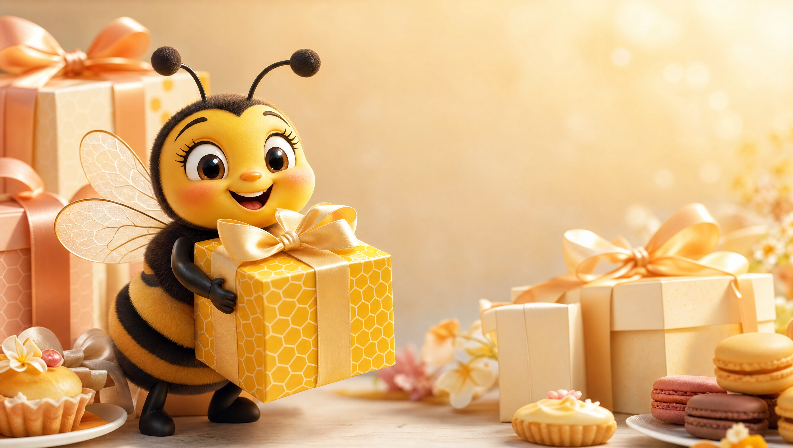 A bee character holding a honeycomb-patterned gift box